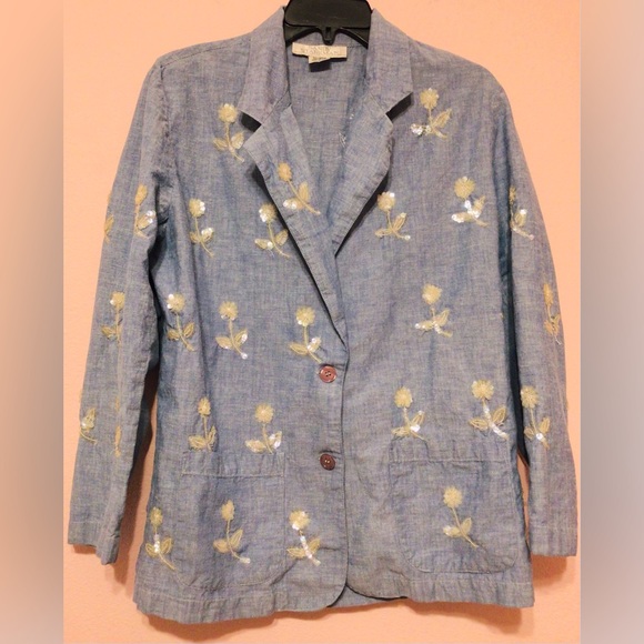 Vintage Susan Starkman lightweight denim flower sequin 2 button jacket medium - Picture 6 of 9